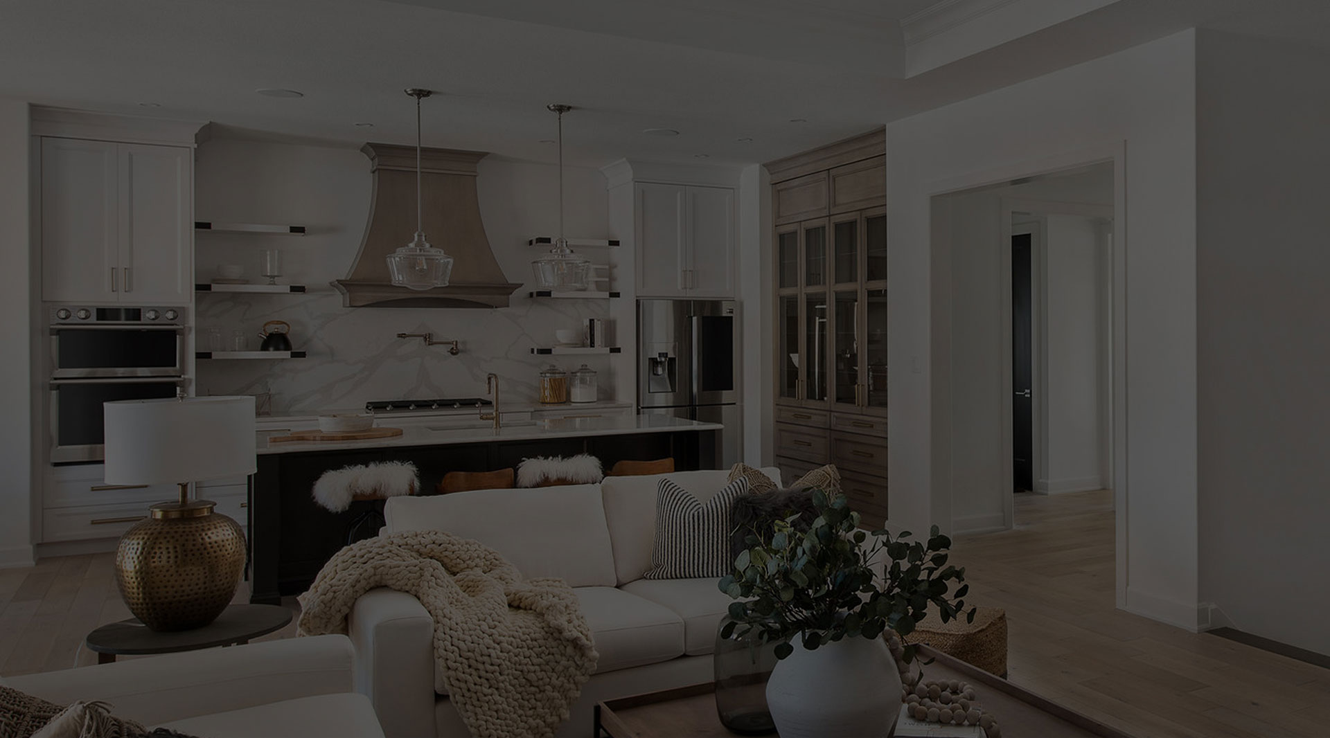 kitchen and family room decorated with furniture